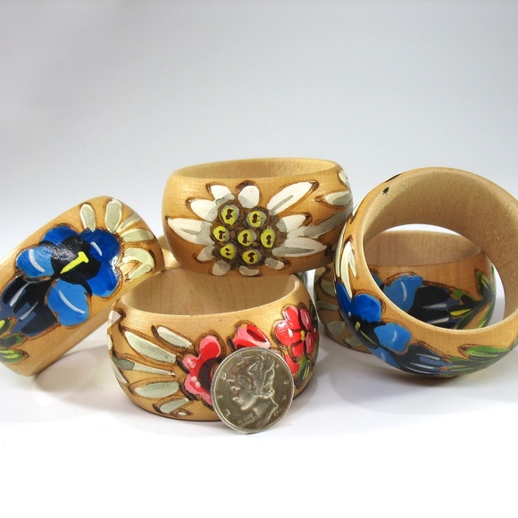 Wood Floral Napkin Rings, Set Six Stacking, Stand - Picture 4 of 8